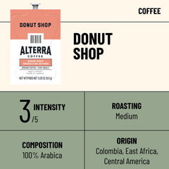 Flavia Alterra Donut Shop Freshpack beside a steaming cup of coffee.