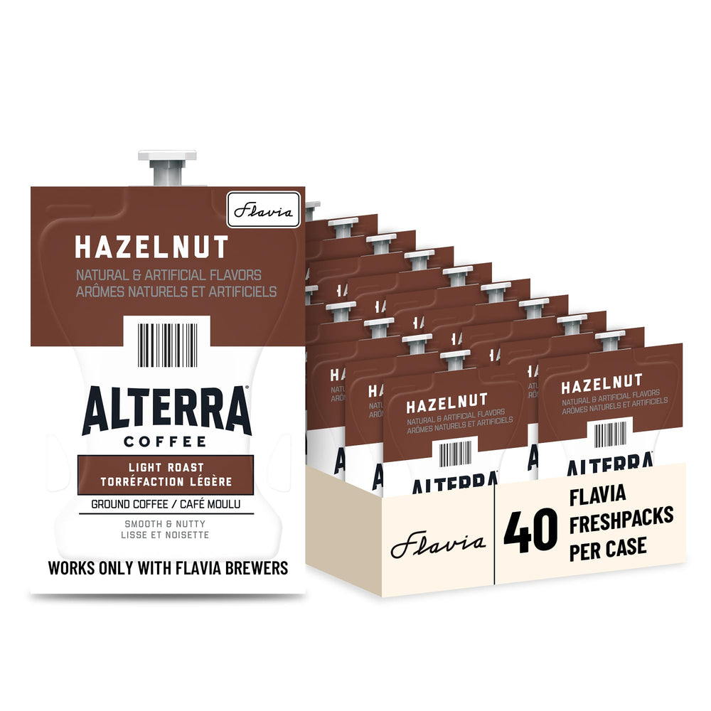 Flavia Alterra Hazelnut Freshpack close-up showing compact packaging for pure flavor.