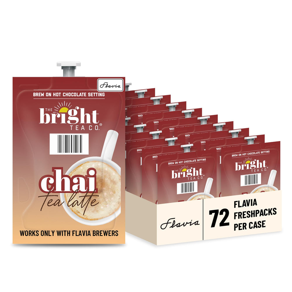 Flavia Bright Tea Co. chai latte freshpack for 7 oz brew, convenient single-serving.
