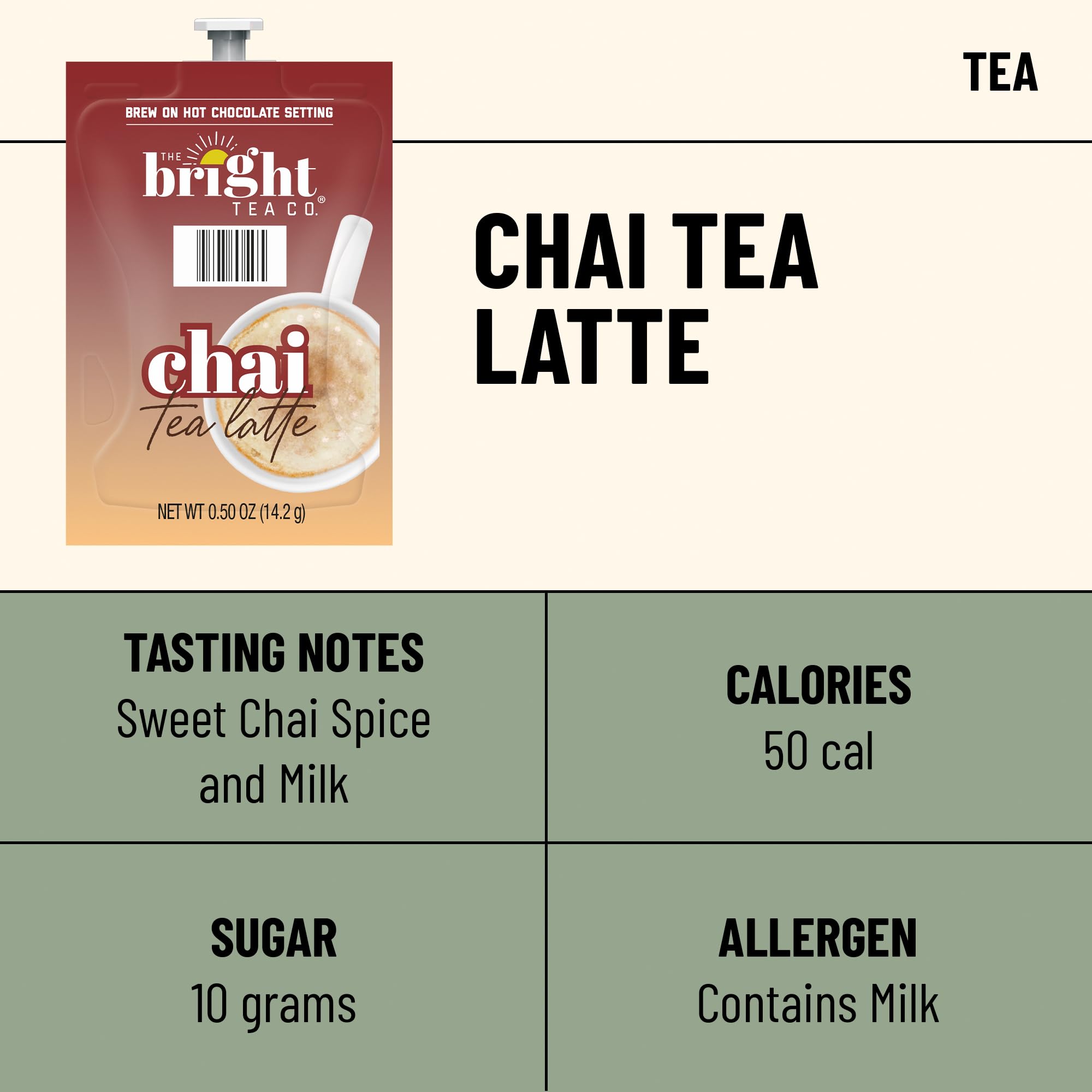 Flavia Bright Tea Co. chai latte freshpack closeup shows clean, flavor-preserving packaging.