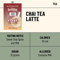 Flavia Bright Tea Co. chai latte freshpack closeup shows clean, flavor-preserving packaging.