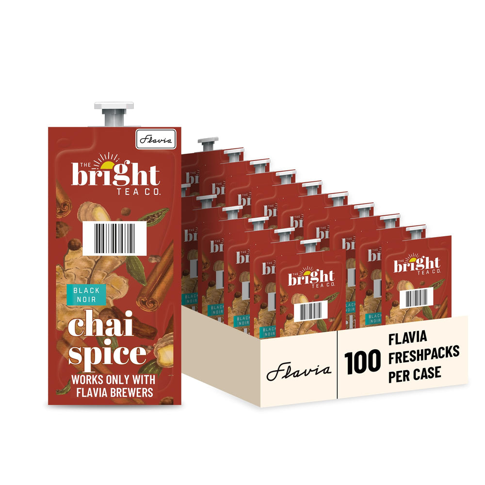Flavia Bright Tea Co. chai spice freshpack brew for a single-serve cup.