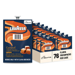Flavia Lavazza Caramel Freshpack on a shelf for easy restocking