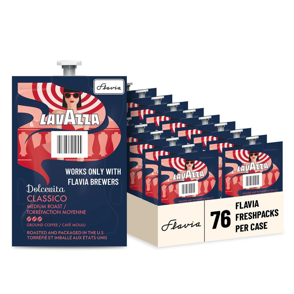 Flavia Lavazza Dolcevita Classico freshpack packaging, 76-pack for home brewing.