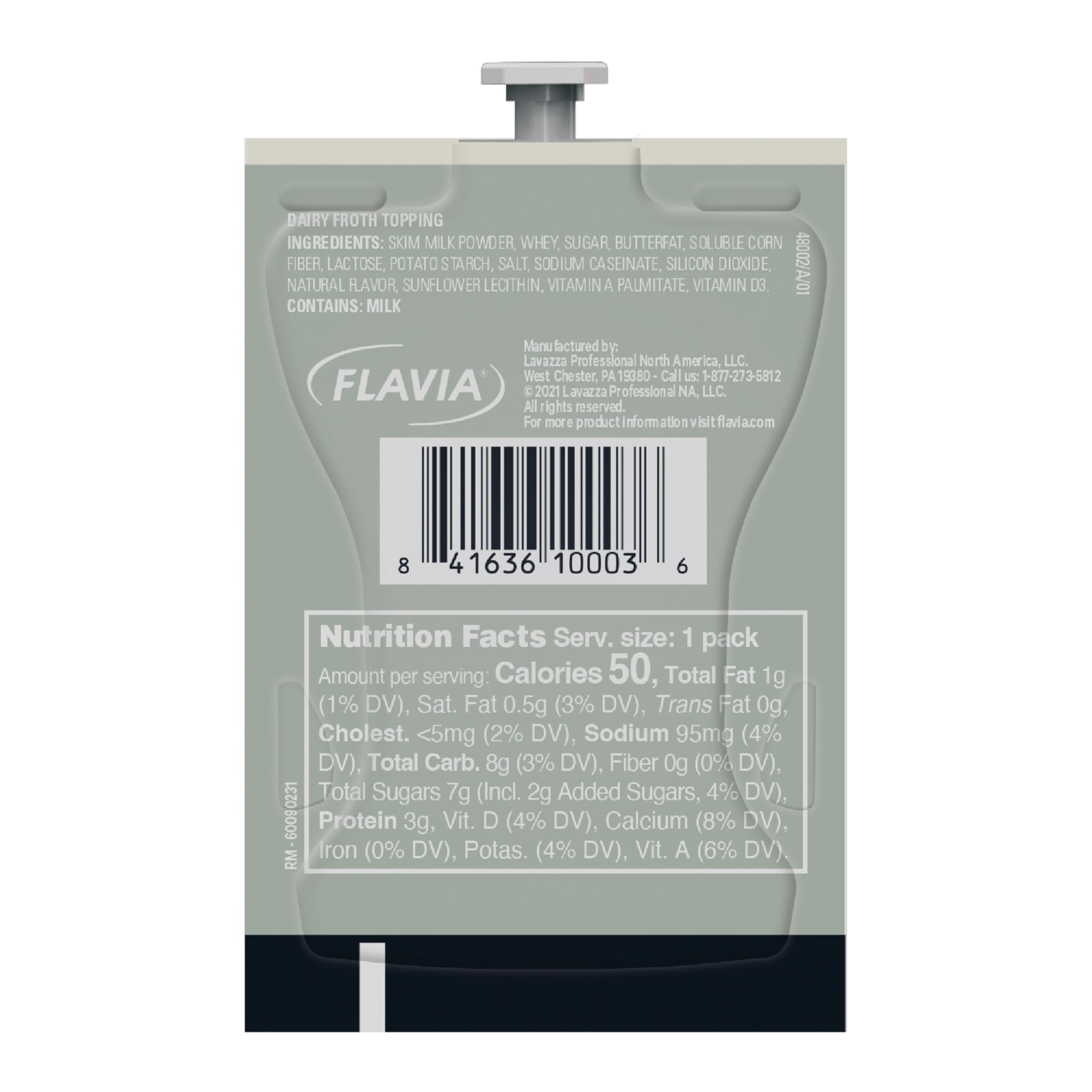 Closeup of a single Real Milk Froth packet from Flavia Mars Alterra.