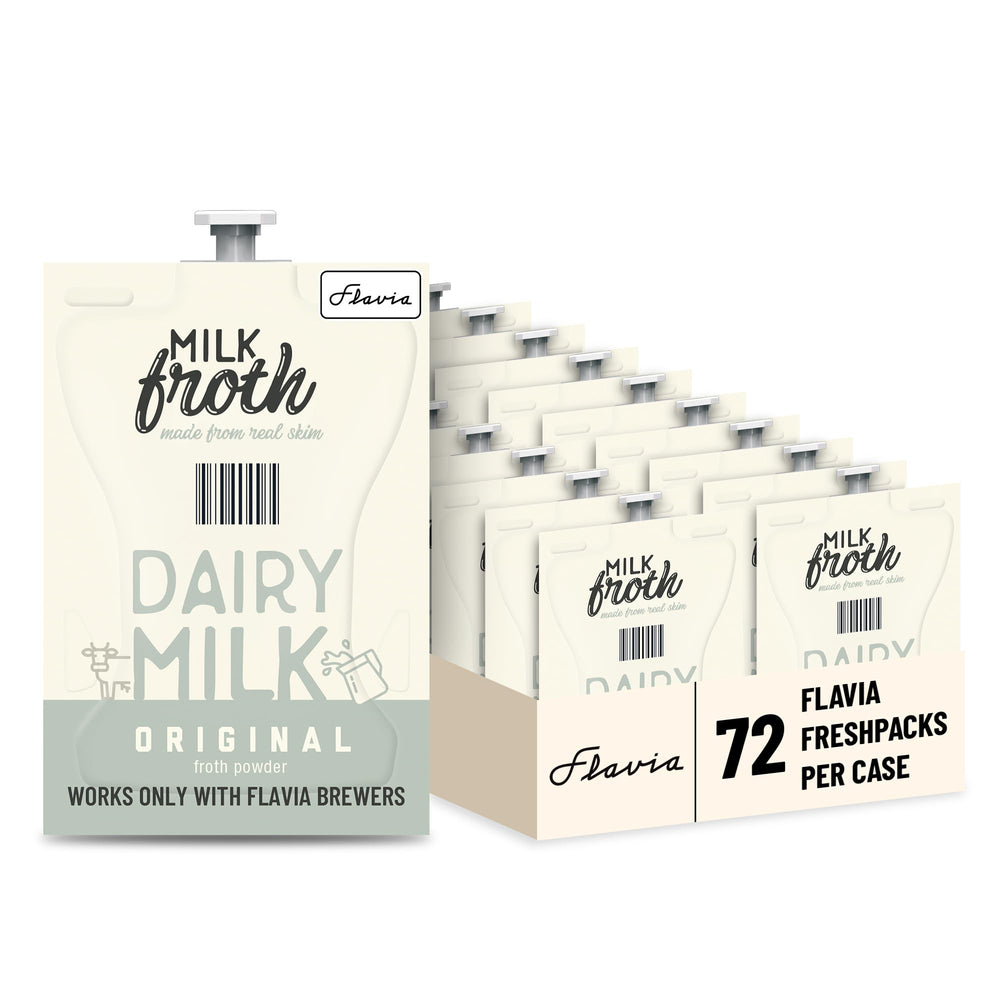 Flavia Real Milk Froth Packs 72-count for easy latte preparation at home.
