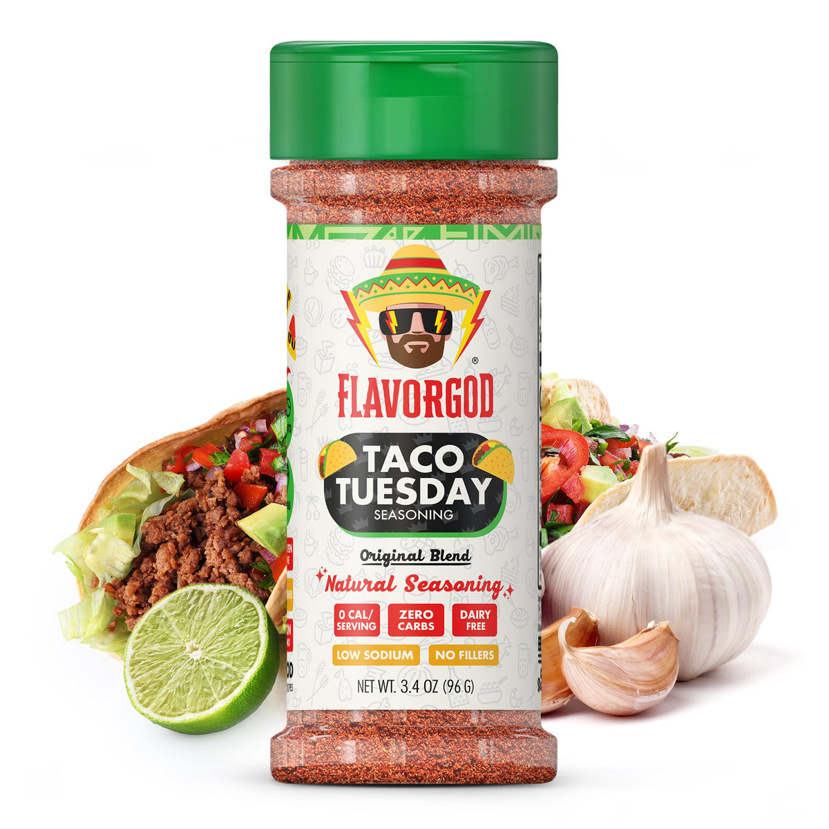 Flavor God Taco Tuesday seasoning bottle pouring, premium all-natural blend for grilling.