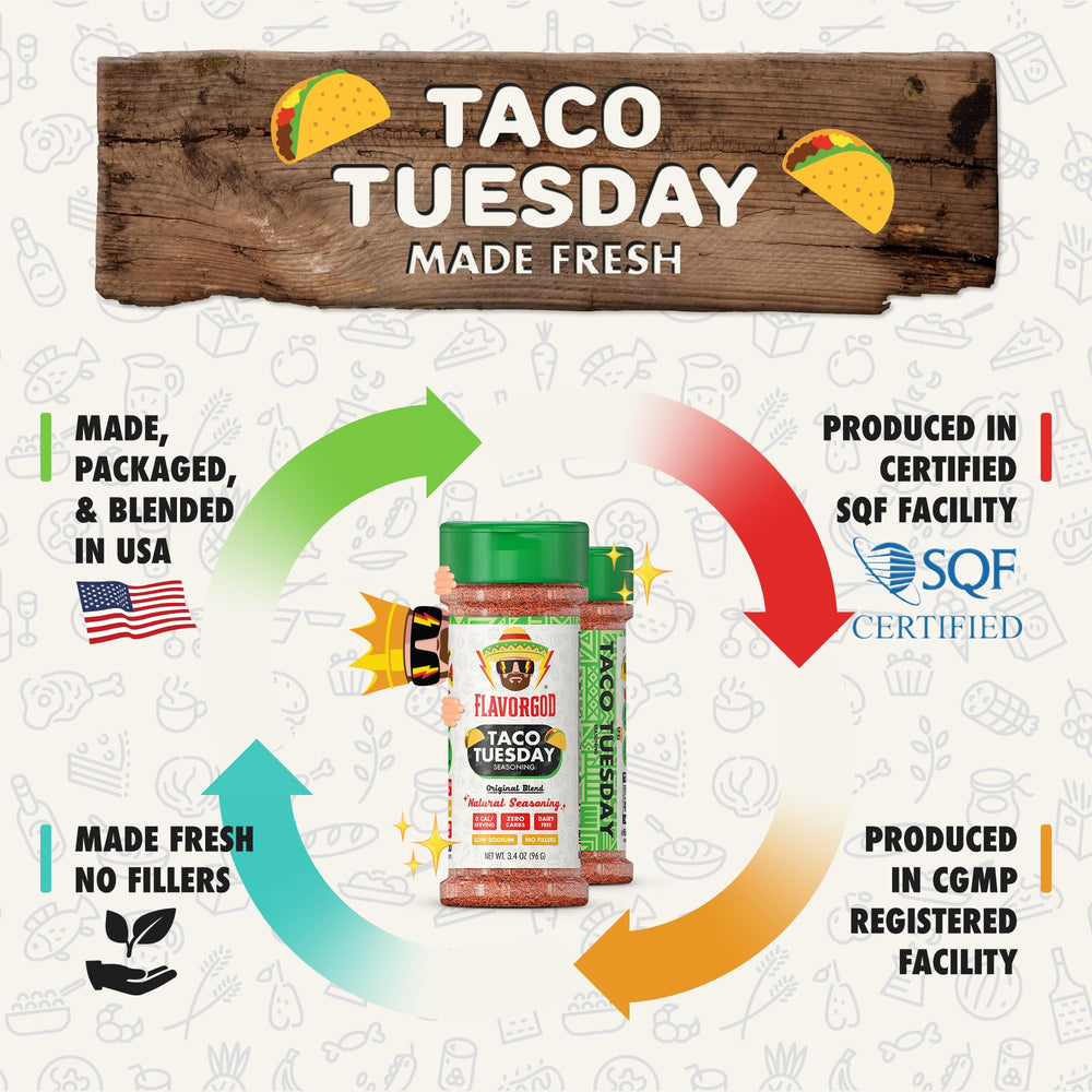 Flavor God Taco Tuesday seasoning on pasta or pizza toppings for enhanced flavor.