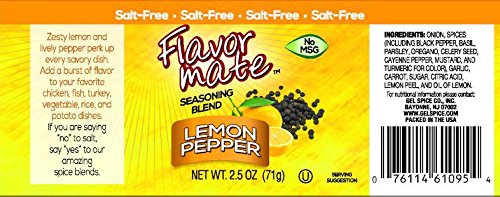 Flavor Mate No Salt Lemon Pepper jar adds citrus brightness to poultry and vegetables.
