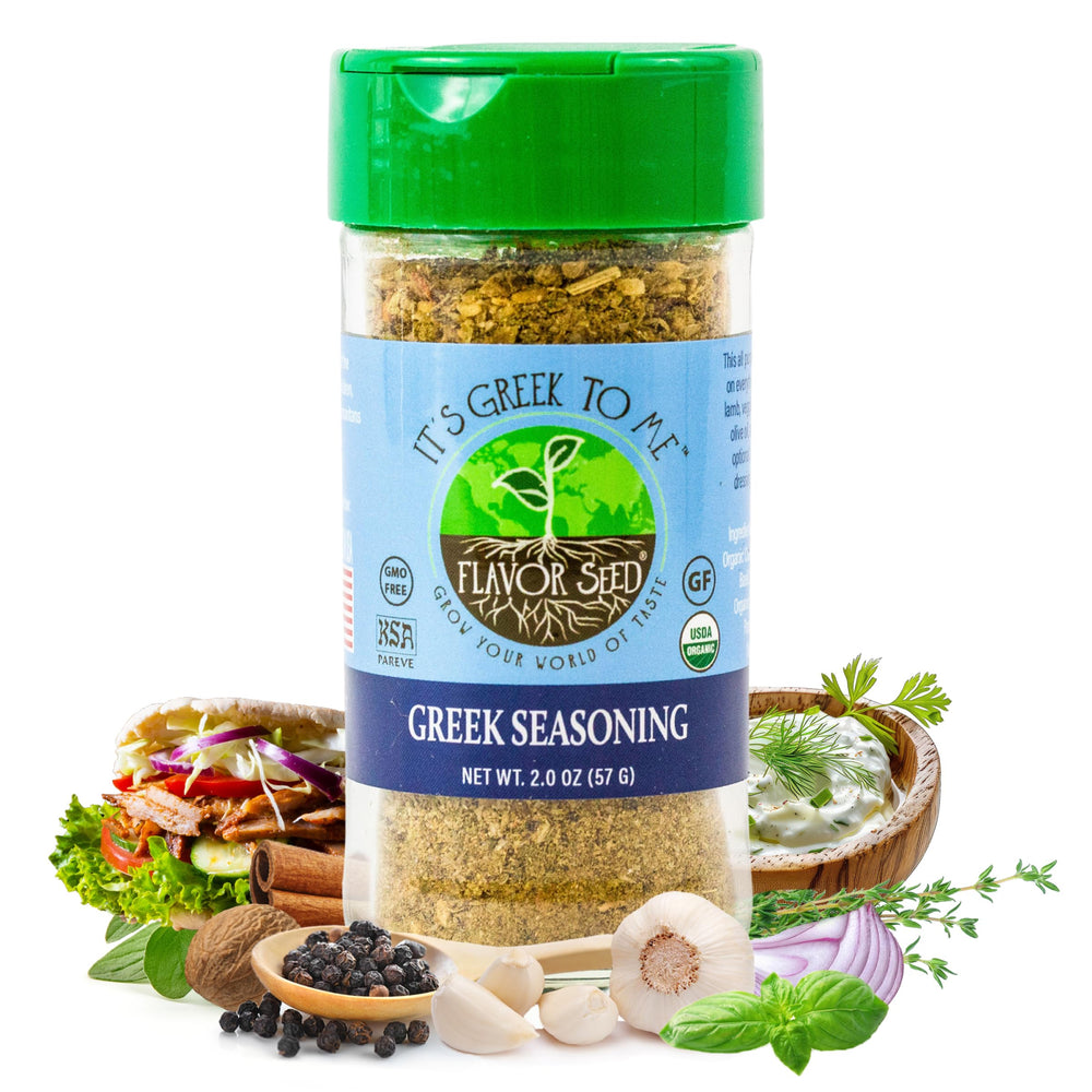 Flavor Seed It's Greek To Me spice blend jar close-up highlighting organic ingredients for flavorful meals.