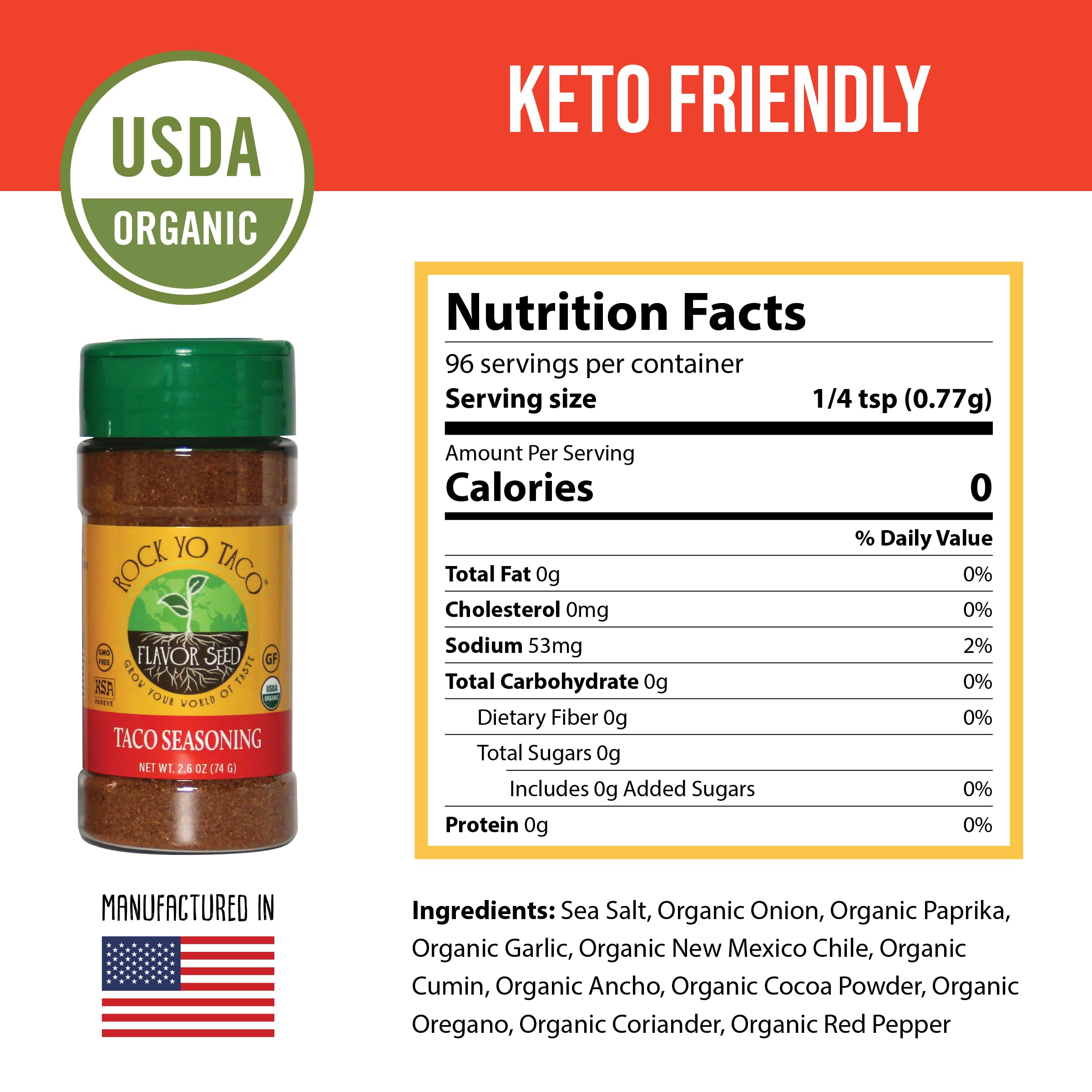 Flavor Seed Rock Yo Taco jar front shows organic, gluten-free seasoning.