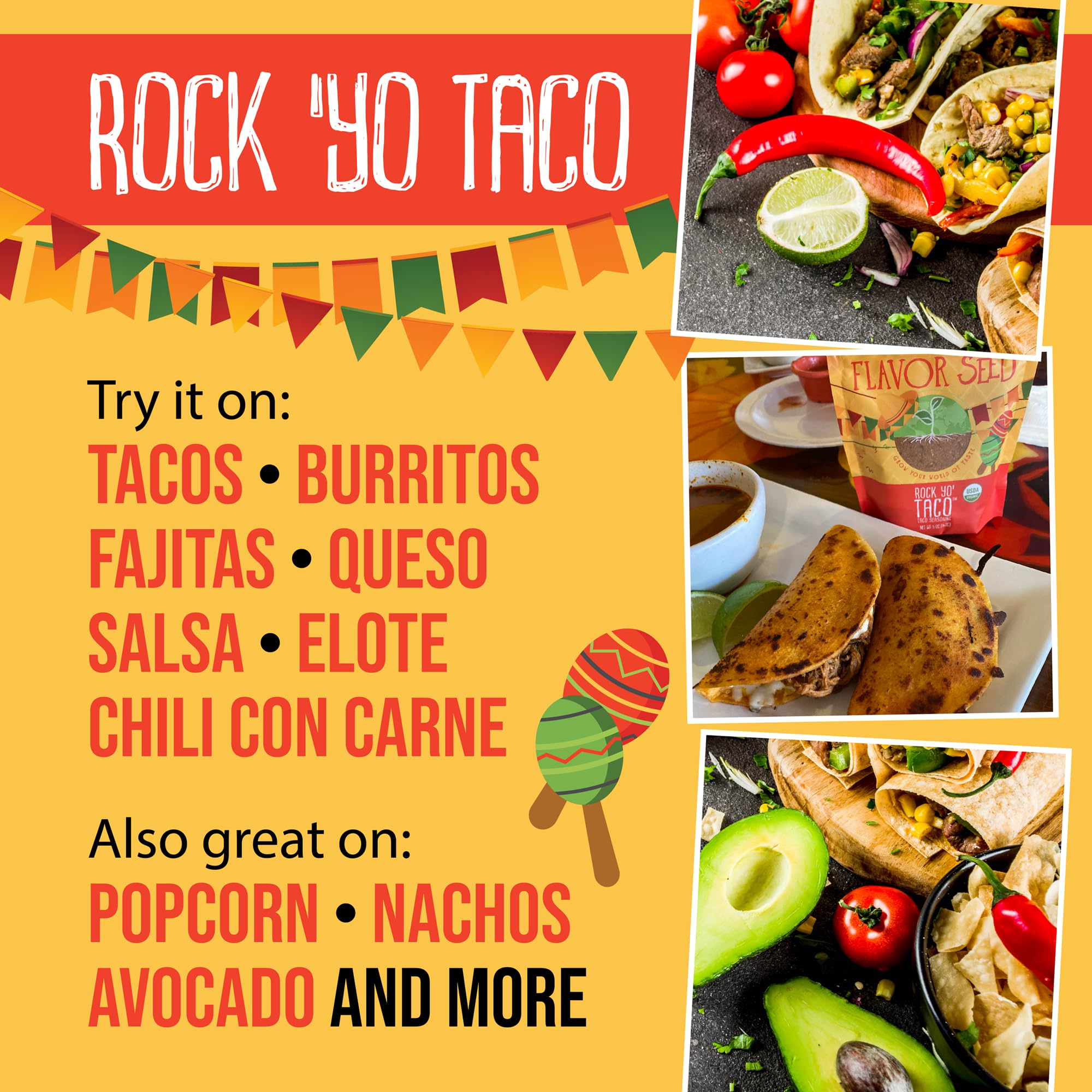 Flavor Seed Rock Yo Taco label closeup highlights organic, low-sodium blend.