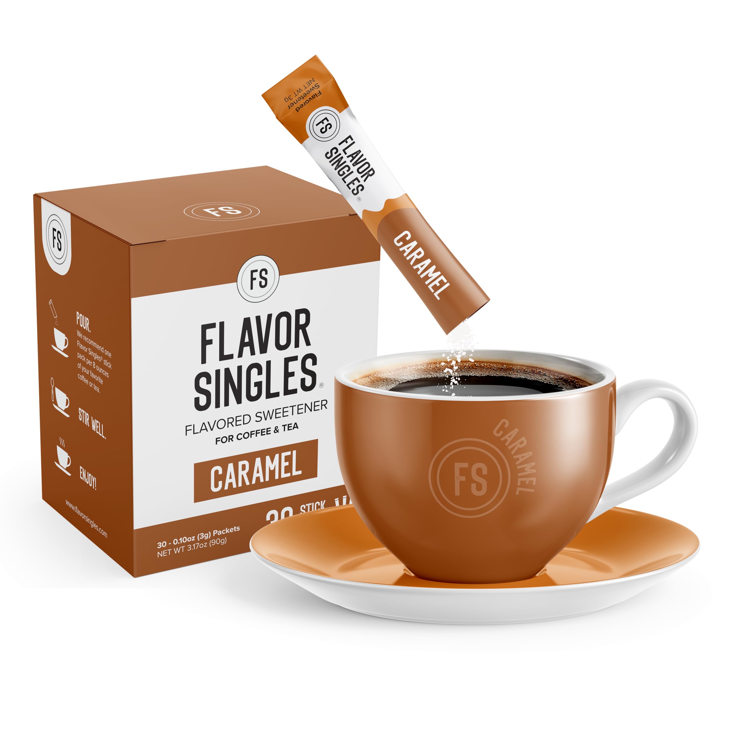 Flavor Singles caramel powder packet dissolving in coffee for rich caramel flavor.
