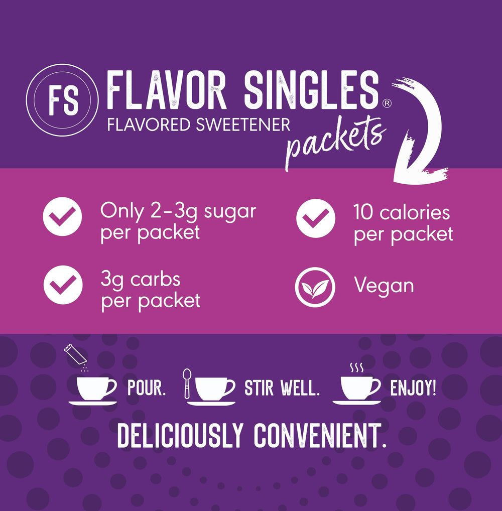 Flavor Singles vanilla packet dissolving into an 8-ounce cup