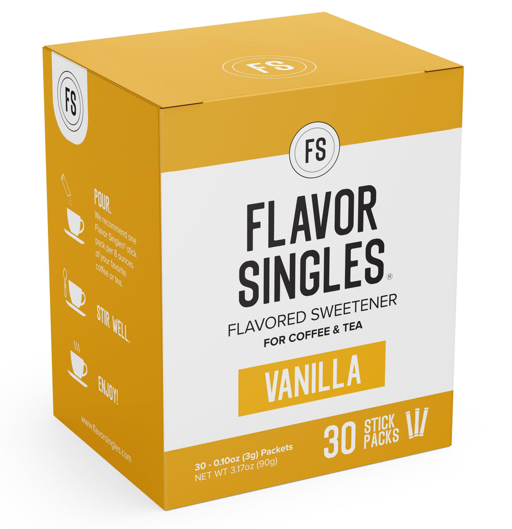Single-serve Flavor Singles packets dissolving in a latte