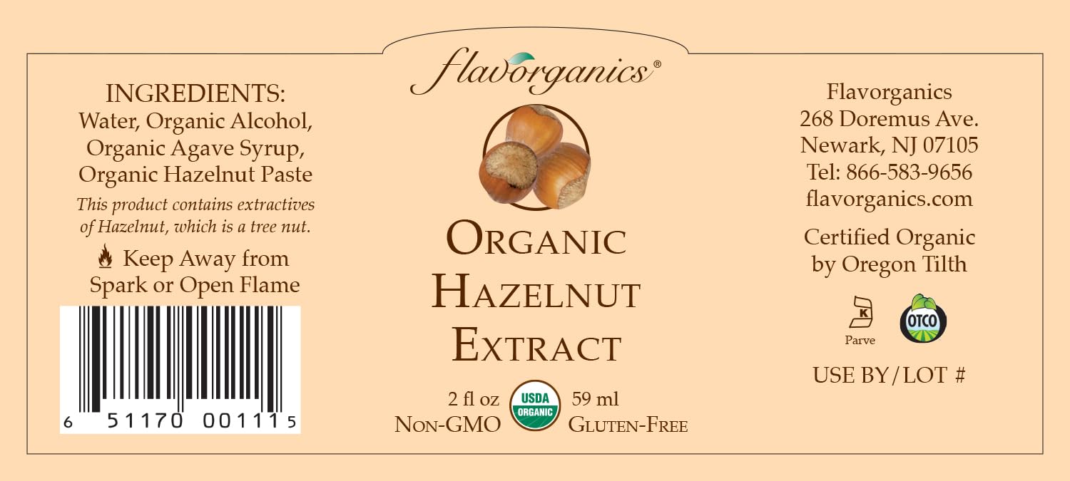 Flavorganics Hazelnut Extract drops-pour shows easy dosing for coffee and desserts.
