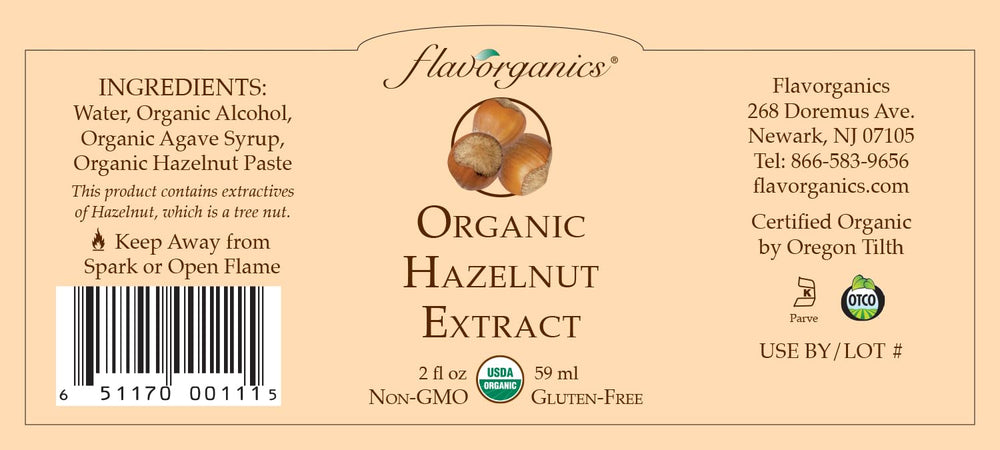 Flavorganics Hazelnut Extract drops-pour shows easy dosing for coffee and desserts.