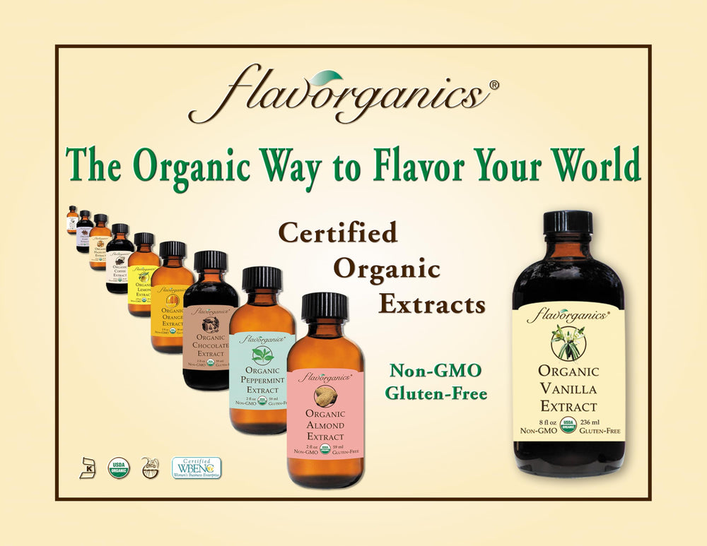 Flavorganics Hazelnut Extract label displays certified organic origins and no artificial additives.