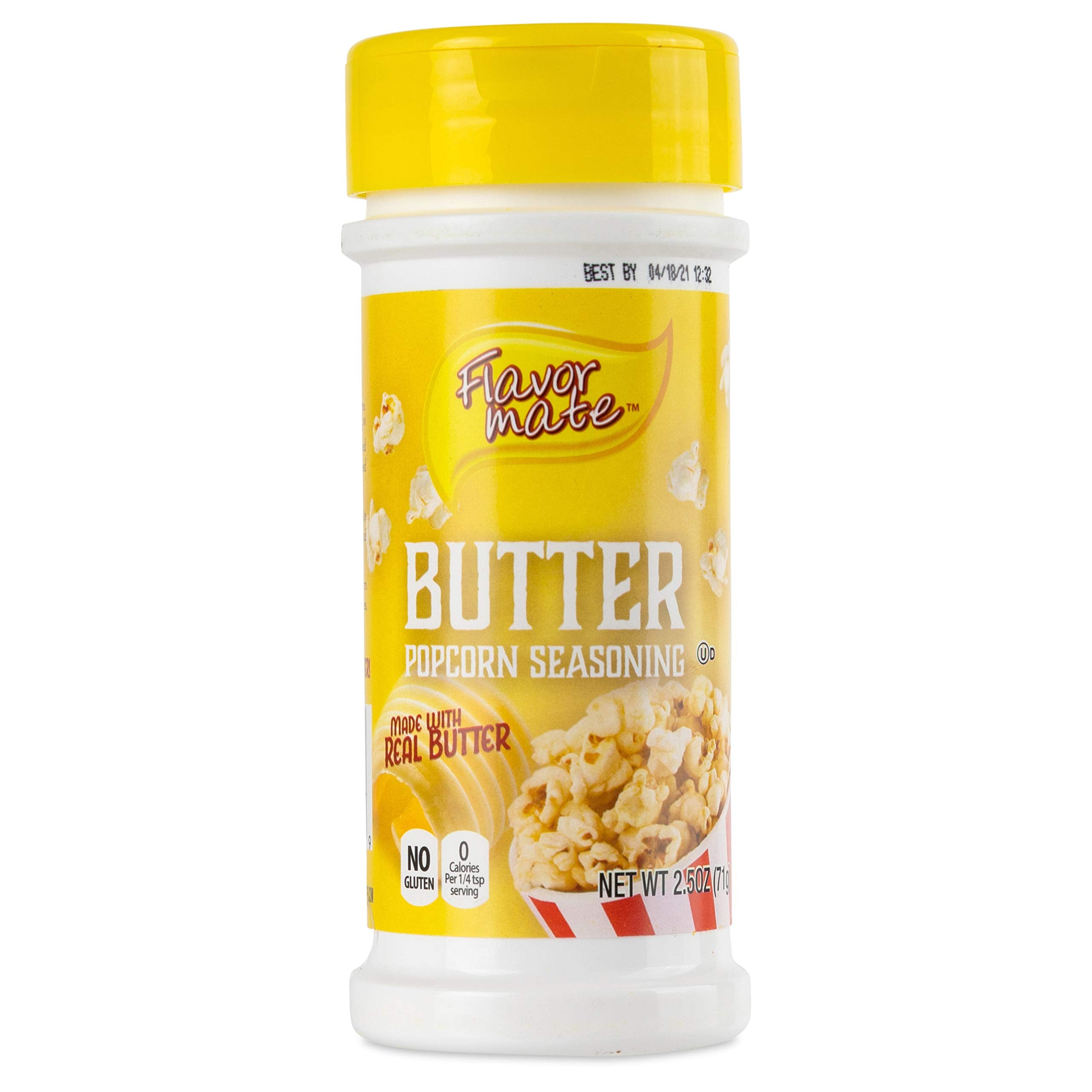 Flavor Mate popcorn seasoning set on a bowl of freshly popped corn.