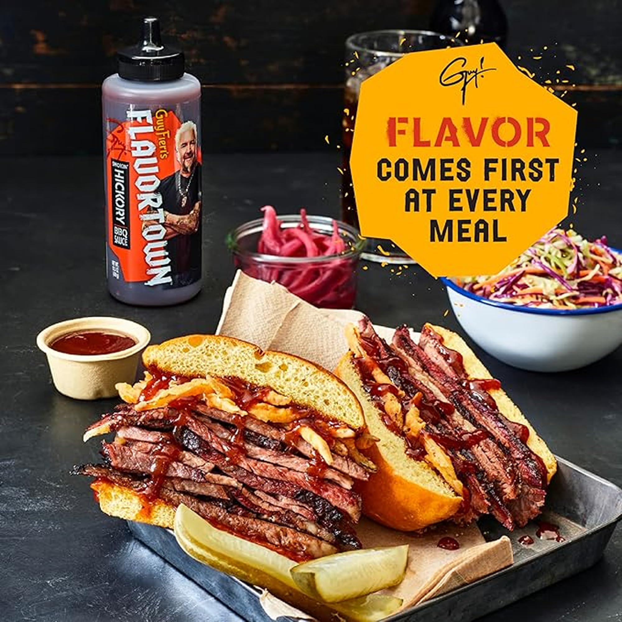 Flavortown Carolina BBQ sauce bottle highlighting tangy flavor for pulled pork