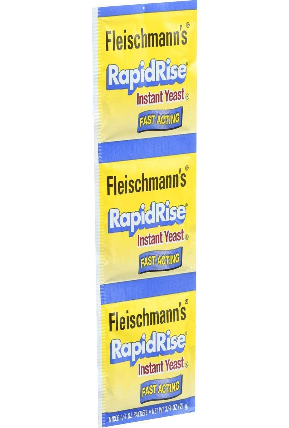 Fleischmann's Rapid Rise yeast 0.25 oz pack shown with baking ingredients for easy bread making.