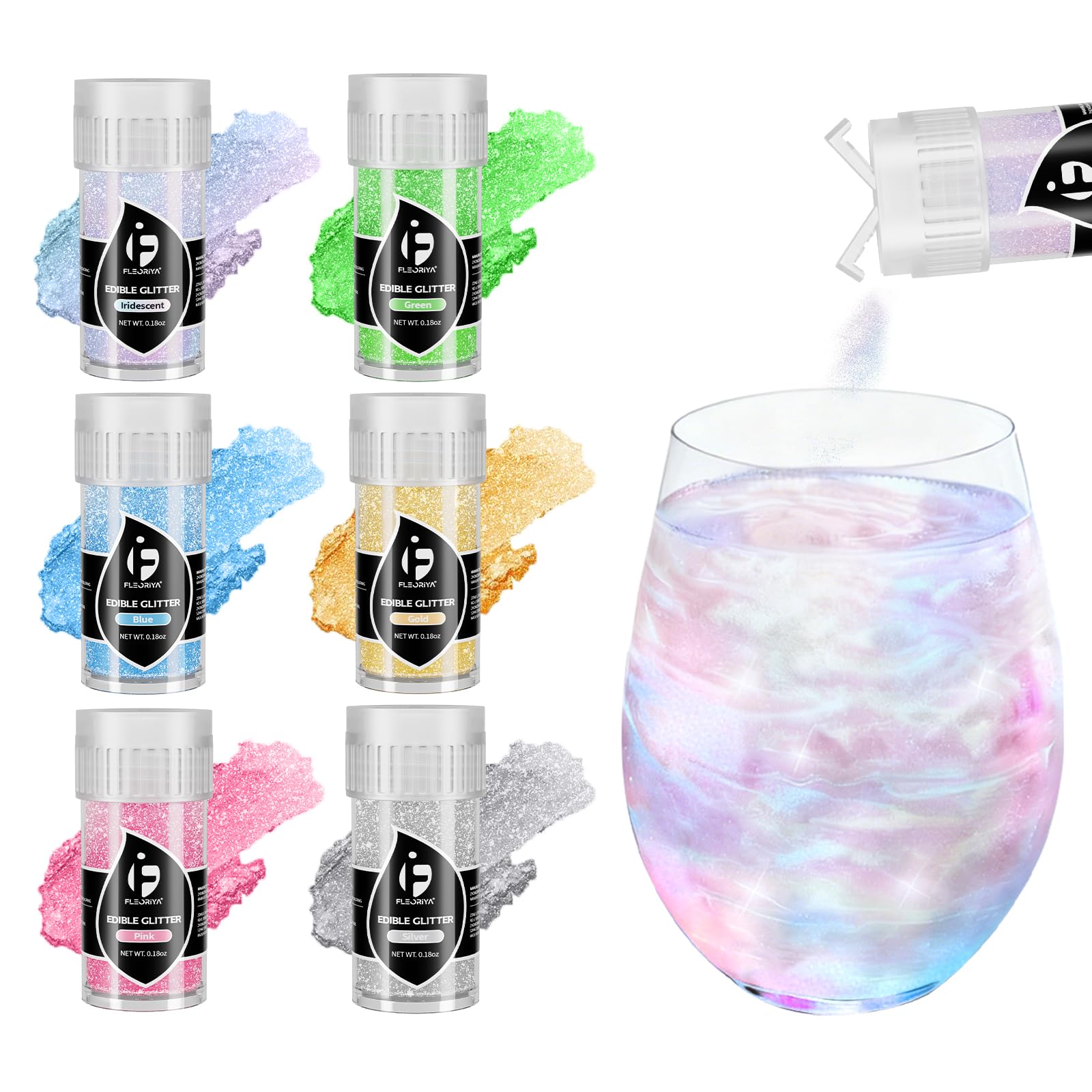 Fleoriya edible glitter for cocktails in six colors adds shimmering appeal to drinks.