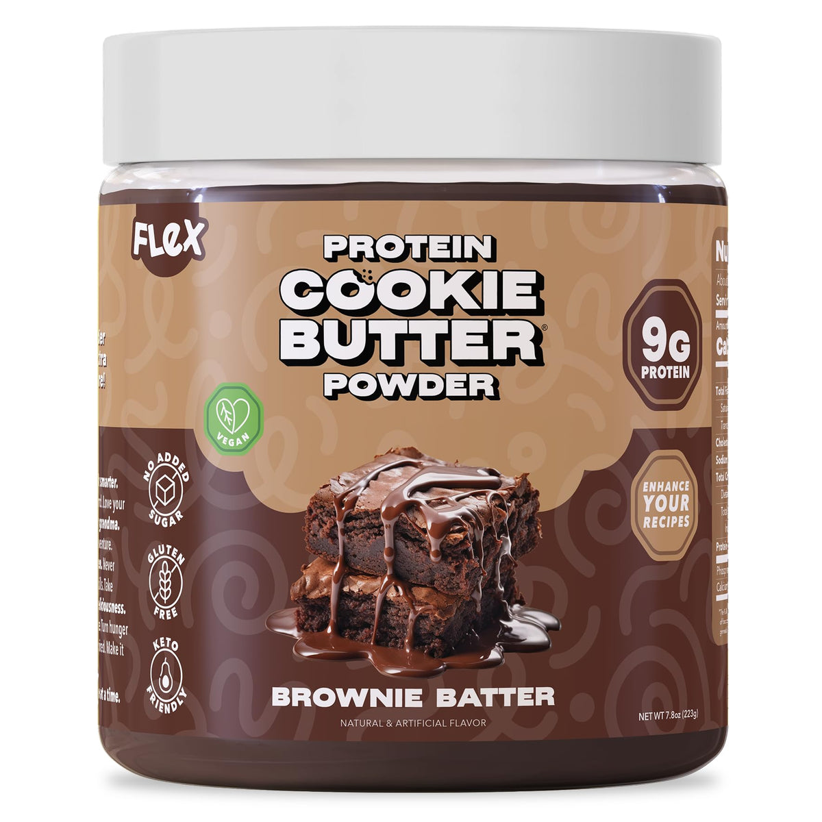 Flexible Dieting Lifestyle Brownie Batter powder in jar, rich high-protein flavor