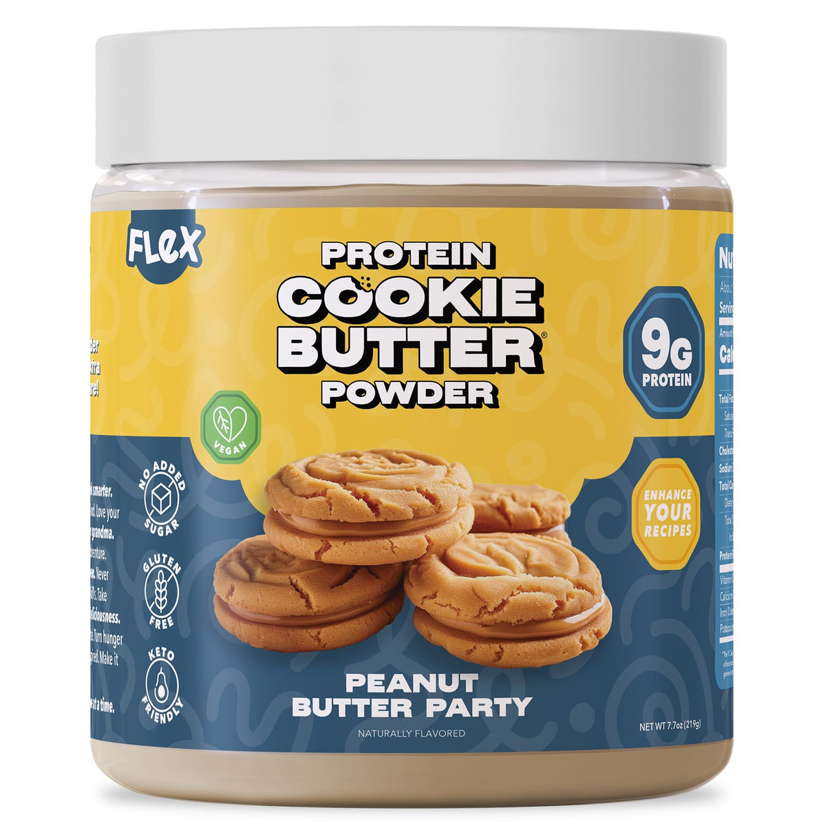 Flex Vegan Protein Cookie Butter Powder jar with scoop, dairy-free spreadable flavor