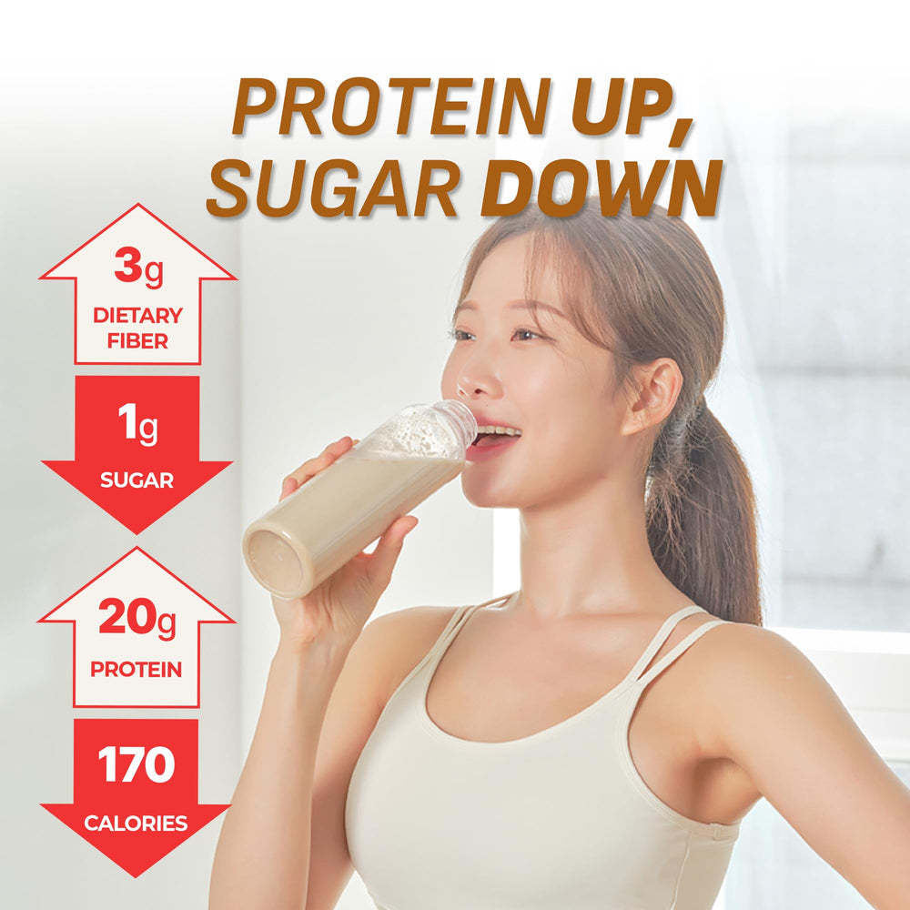 Flimeal Brown 17Grains protein shake being poured into a glass.