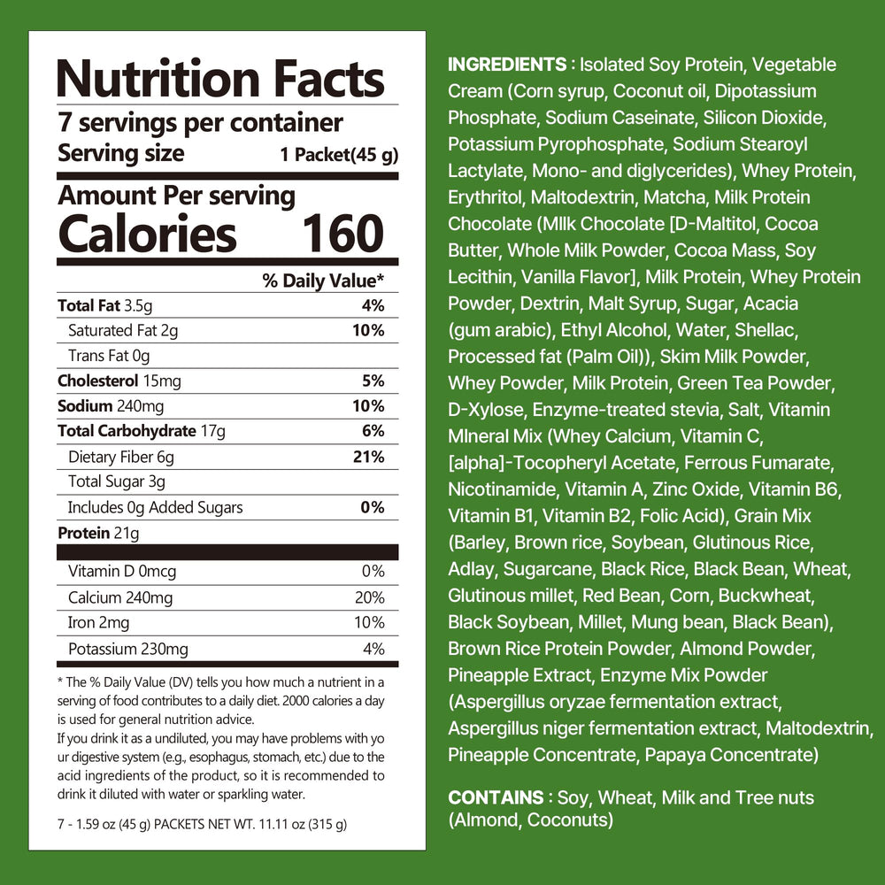 Flimeal shake pouring with crunchy protein balls and creamy matcha flavor.