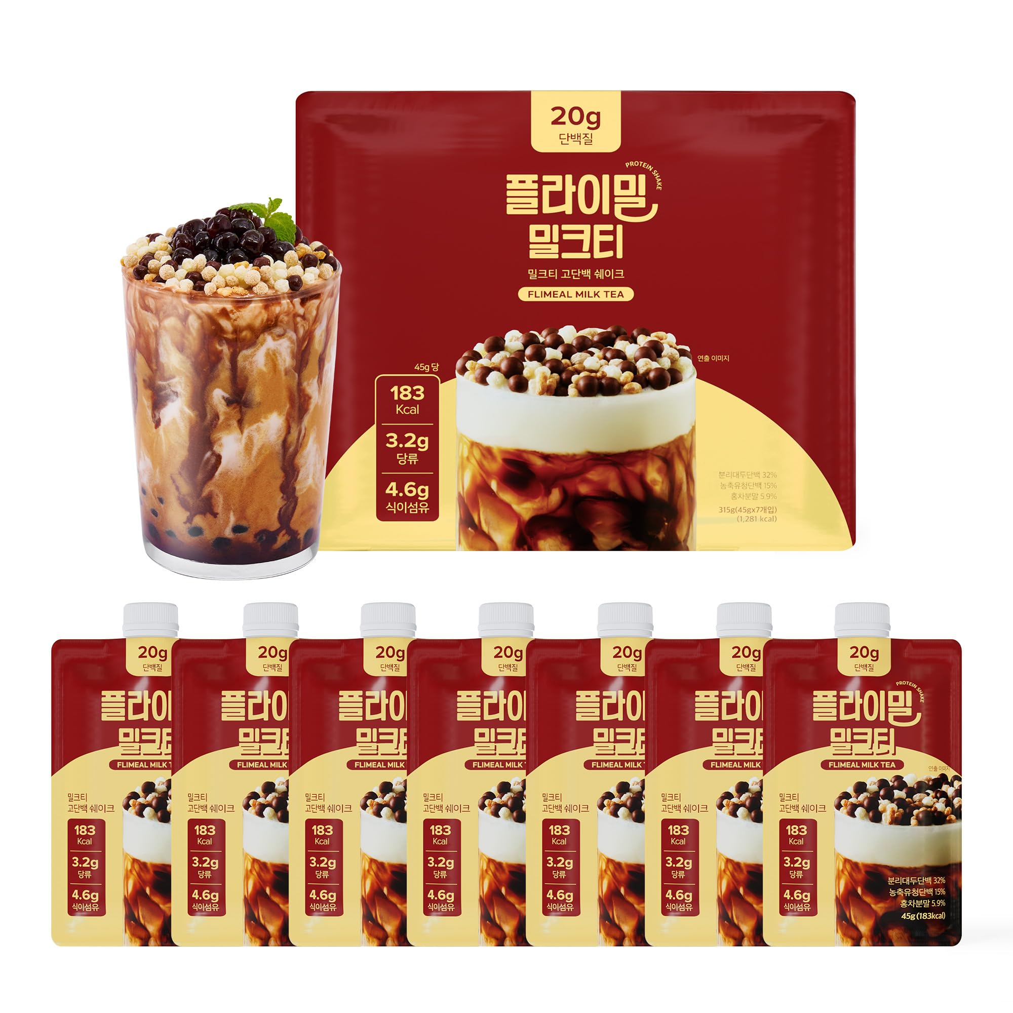 Flimeal Milk Tea Protein Shake poured into a glass showing rich texture and protein focus