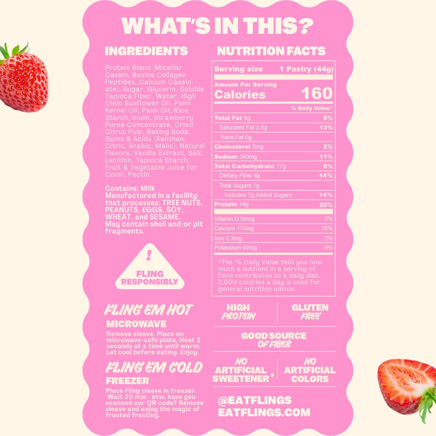 FLINGS Frosted Strawberry bar close-up highlighting soft-baked texture.