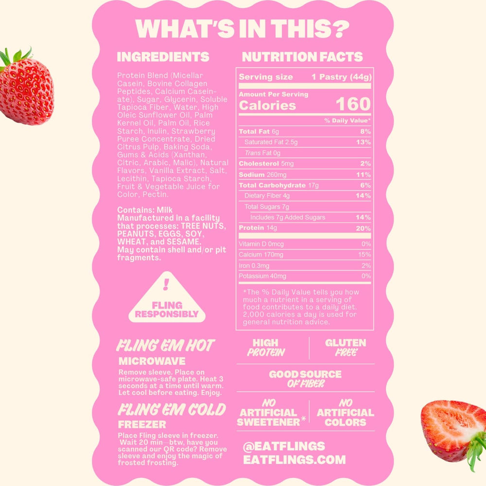 FLINGS Frosted Strawberry bar close-up highlighting soft-baked texture.