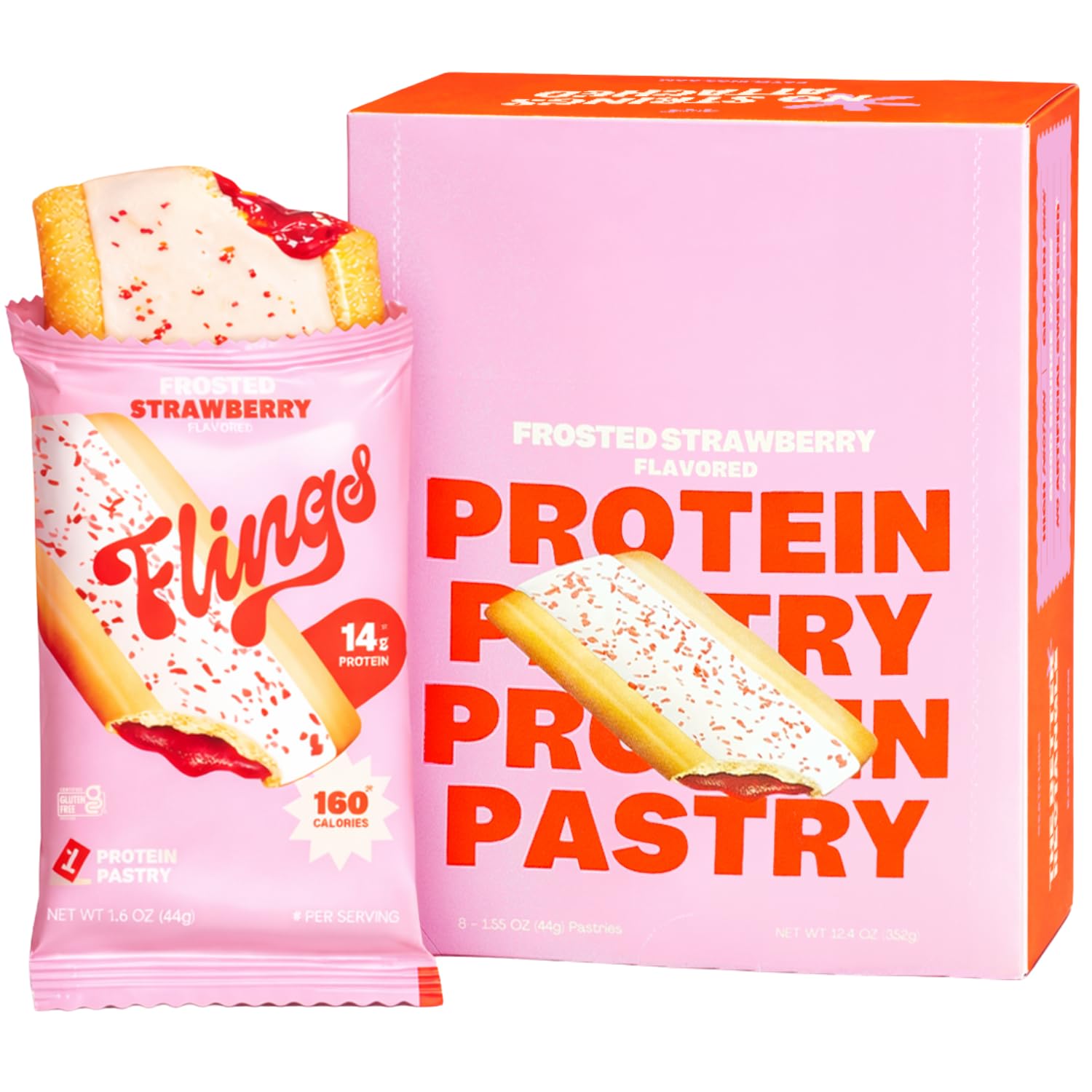 FLINGS Frosted Strawberry box; gluten-free grab-and-go protein pastry.