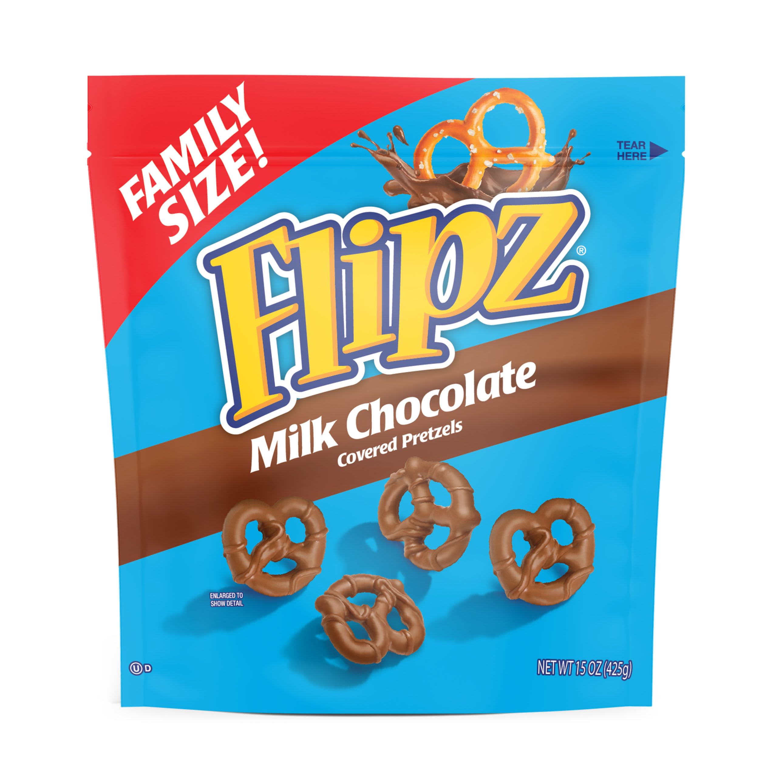 Flipz milk chocolate coating closeup highlights rich flavor and texture.