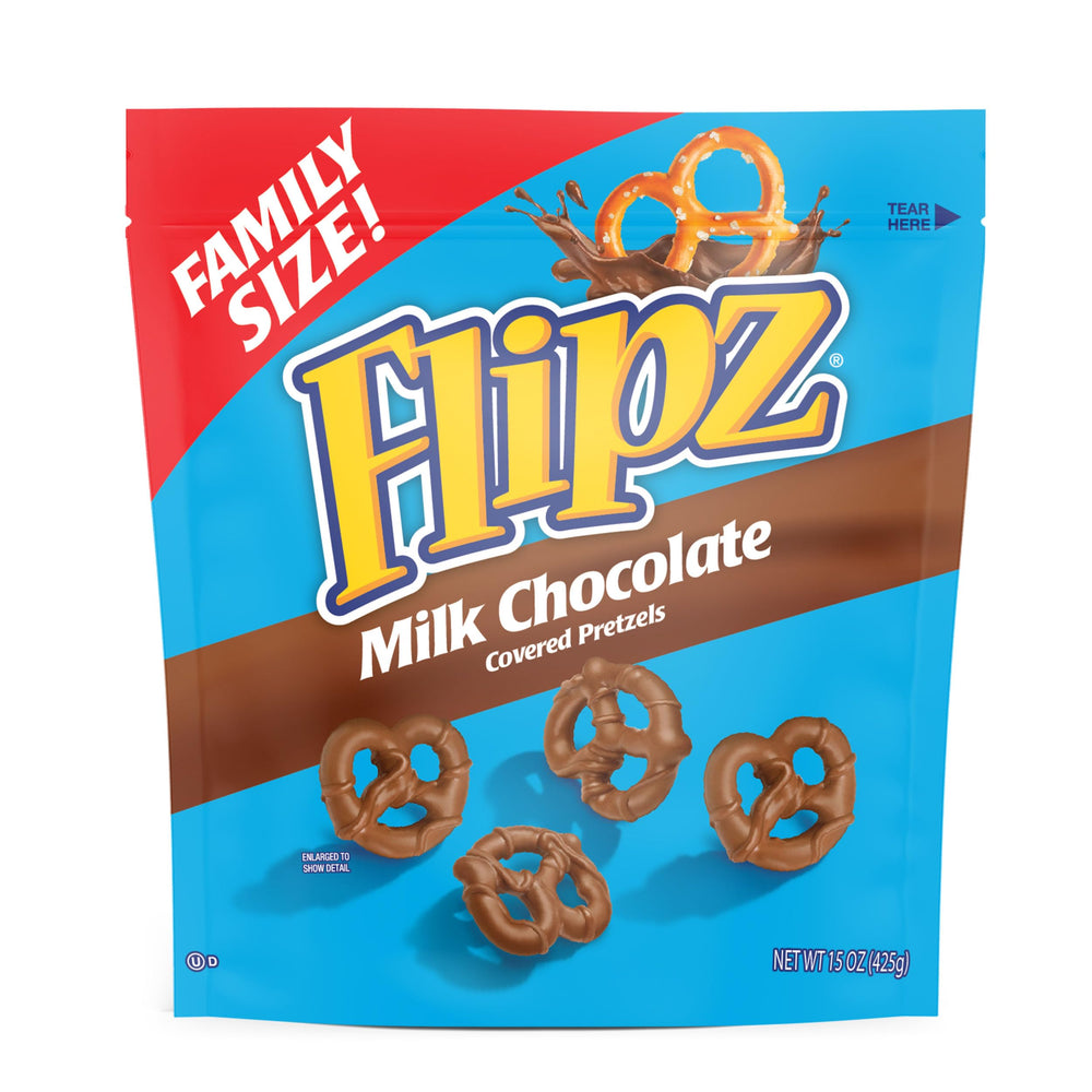 Flipz milk chocolate coating closeup highlights rich flavor and texture.