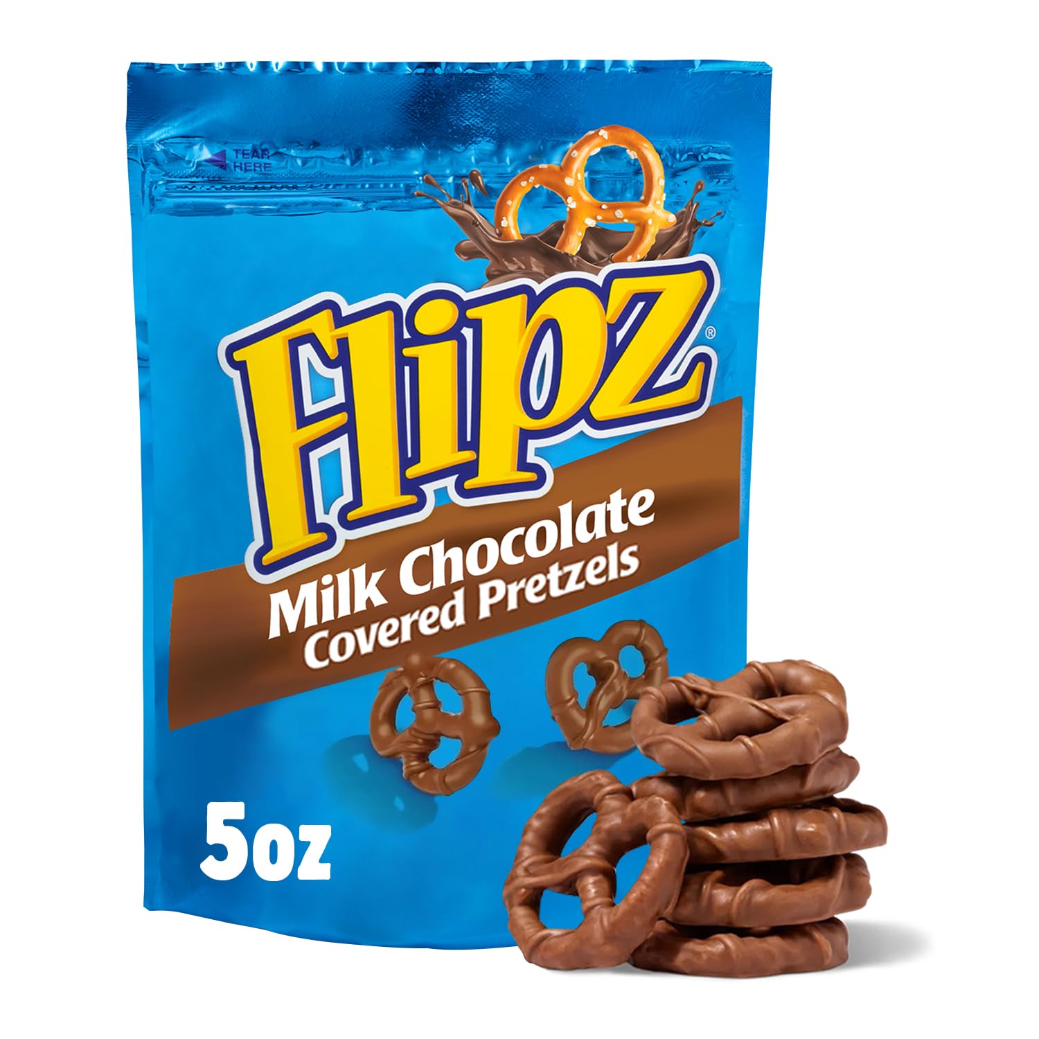 FLIPZ Milk Chocolate Covered Pretzels on a plate with glossy chocolate glaze