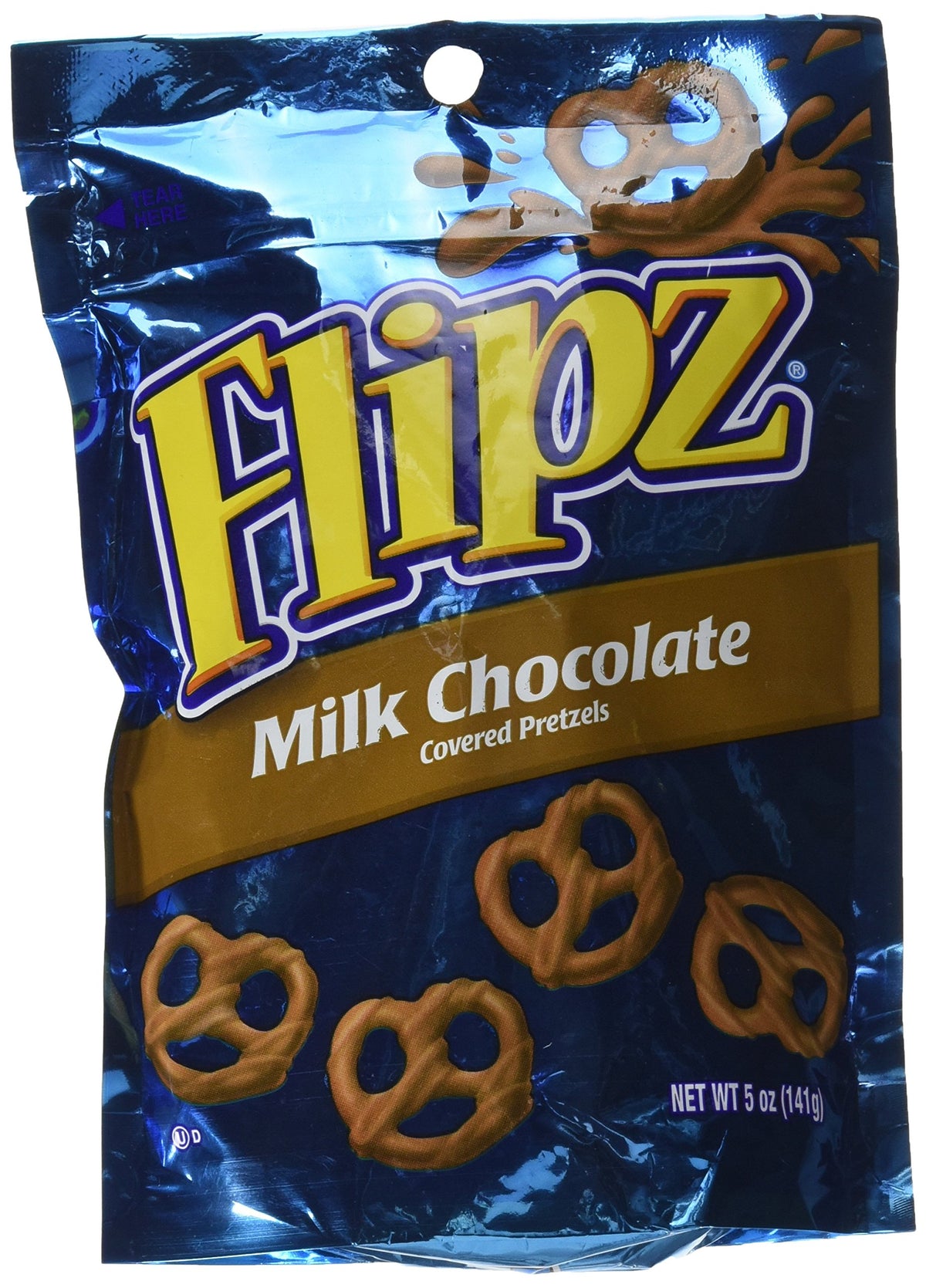 Flipz Milk Chocolate Covered Pretzels pack front, ideal for a quick indulgence.