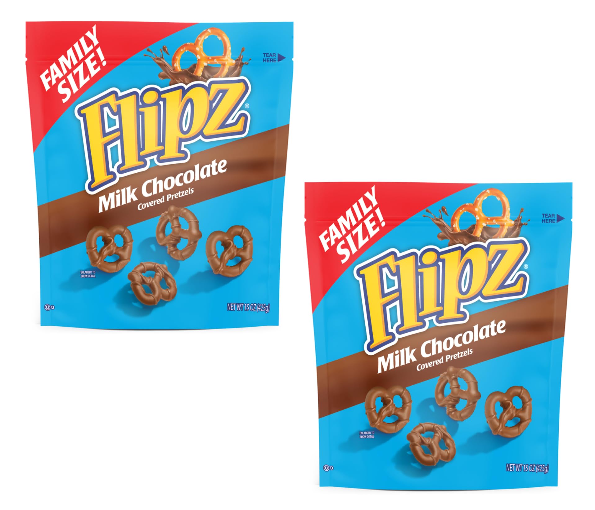 Flipz Milk Chocolate Covered Pretzels two-pack front view for on-the-go snacking.