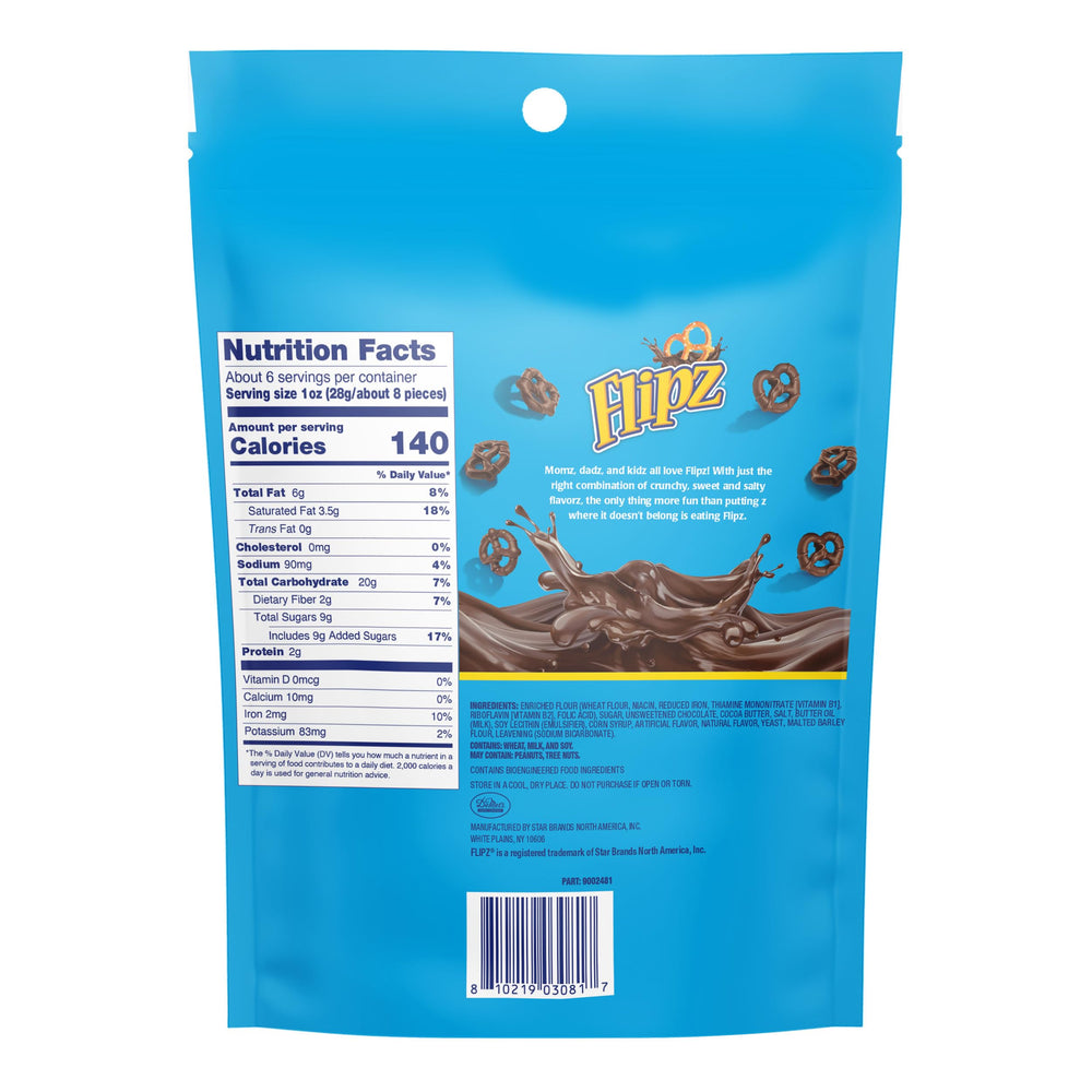 Flipz pretzels with crispy salt and chocolate coating, perfect for pantry snacks.