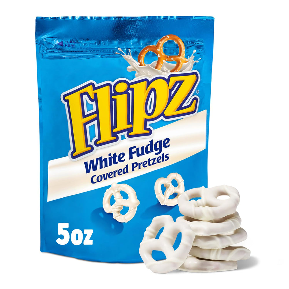 Flipz White Fudge Covered Pretzels bag close-up showcases sweet-salty flavor.