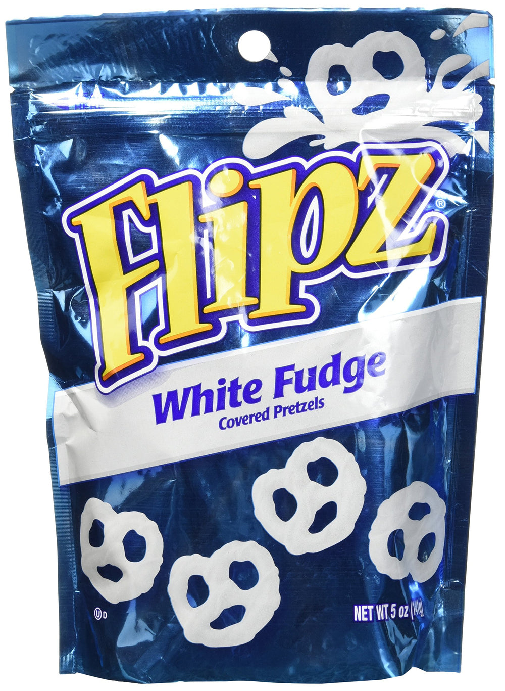 Flipz White Fudge Pretzels pack shot showing a convenient 5oz bag for on-the-go snacking.