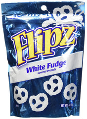 Flipz White Fudge Pretzels pack shot showing a convenient 5oz bag for on-the-go snacking.