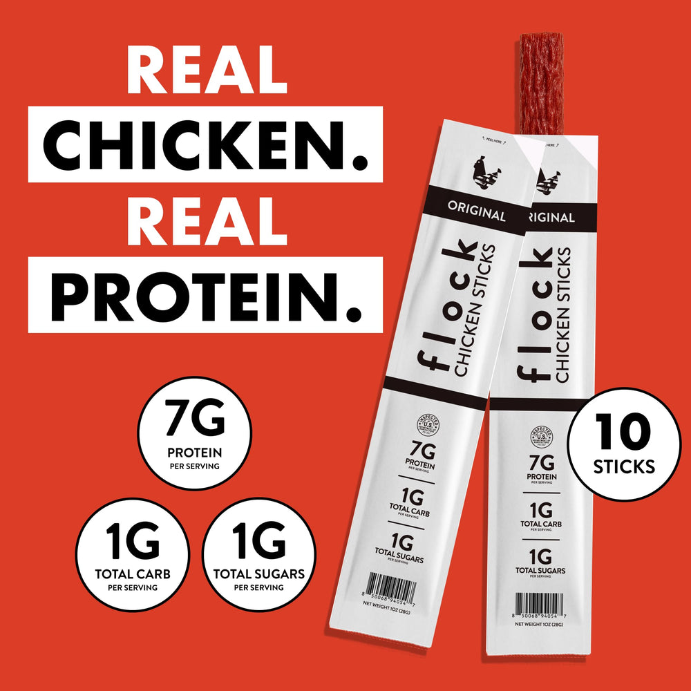 Close-up shows tender texture and juicy seasoning in a Flock meat stick.