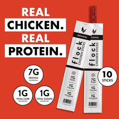 Close-up shows tender texture and juicy seasoning in a Flock meat stick.