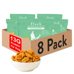 Flock Ranch packaging highlights keto-friendly chicken skin chips for convenient snacking