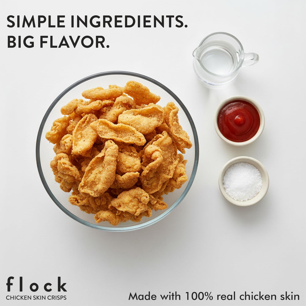 Flock Chicken Skin Chips Salt & Vinegar on angled pack for cravings on the move.