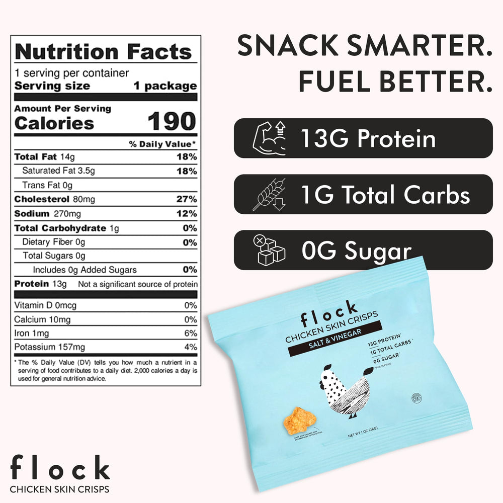 Flock Keto Chicken Skin Chips Salt & Vinegar crisp close-up, ideal on-the-go.