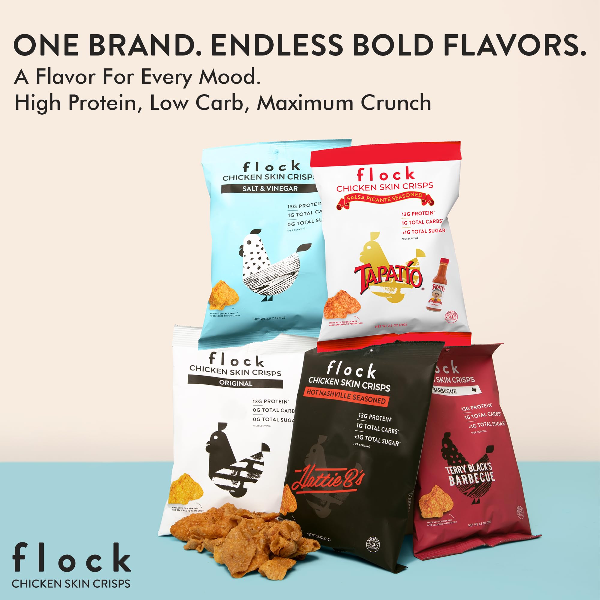 Flock Keto Chicken Skin Chips Salt & Vinegar dipping setup ready for dips.
