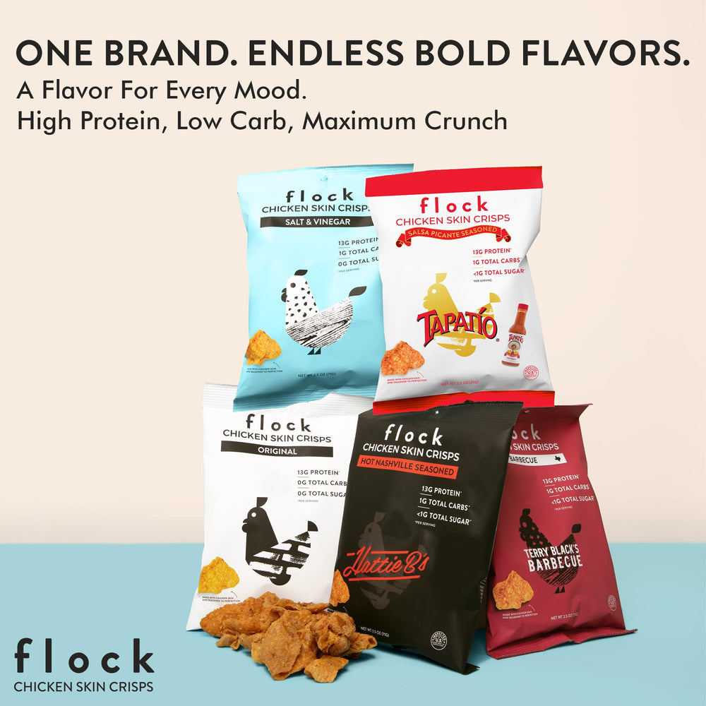 Flock Keto Chicken Skin Chips Salt & Vinegar dipping setup ready for dips.
